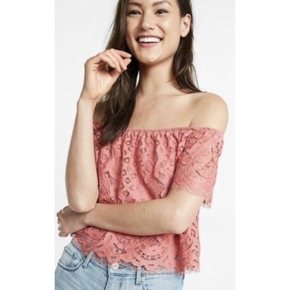 Express Coral Floral Lace Off Shoulder Short Sleeve BOHO Crop Top Size XS